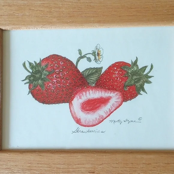 Vintage "Strawberries" Art Print by Marty Fzne. Oak Frame w/ Glass - Picture 2 of 5